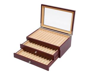 Vielrosse Boîte à crayons en bois pour 34 stylos à bille, porte-plumes, boîte de rangement avec fenêtre en verre et 3 tiroirs de niveau, vitrine 31 x 21 x 12,5 cm