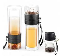 vienberg Bouteille à thé de voyage - Verre à double paroi 230 ml + récipient à thé de 120 ml | Infuser le thé directement dans la bouteille | 100 % étanche | Tea to go | Verseuse à thé verte Bouteille