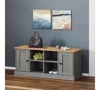 VIGO Banc à chaussures gris 106 x 35 x 45 cm en pin massif avec espace de rangement et boutons en métal, banc de couloir avec compartiments et portes pour l'ordre dans l'entrée