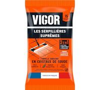 Vigor Serpillières Suprêmes 3 en 1 | Nettoie, Ravive l'éclat et Dégraisse | Formule Enrichie en Cristaux de Soude | Sans Rinçage - Sols Carrelés | Fabriqué en France | x15 Serpillières Extensibles