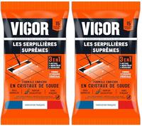 Vigor Serpillières Suprêmes 3 en 1 | Nettoie, Ravive l'éclat et Dégraisse | Formule Enrichie en Cristaux de Soude | Sans Rinçage - Sols Carrelés | Fabriqué en France | x15 Serpillières Extensibles
