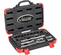 VIGOR V2460N Jeu de clés à douilles ∙Carré creux 1/2 pouce (12,5 mm) ∙ Profil hexagonal externe ∙ 10 - 32 ∙ Nombre d'outils : 25