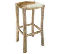 VIHHQGC Tabouret de bar en cuir de chèvre avec structure en bois massif de | véritable peau de chèvre, bois de teck stable, déjà monté, max. 110 kg, pièce unique