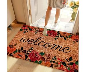VIKAMA Tapis de bienvenue rétro à motif floral orange en fibre de coco naturelle antidérapant, style bohème, pour l'entrée, la cuisine et le salon FLR-2