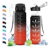 Vikaster Bouteille, Gourde avec Paille 1000ml, sans BPA, Étanche & Réutilisable, Bouteille Ouvrir en Un Clic, Convient pour la Gym, Le Yoga, Le Camping, Randonnée, Noir & Orange