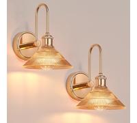 Vikdio Applique Murale Set de 2, Luminaire Vintage Doré avec Abat-jour Rond en Verre Ambre, Applique Fixe à Fil Direct pour Chambre, Salle de Bains, Salon, Inclut 2 Ampoules LED