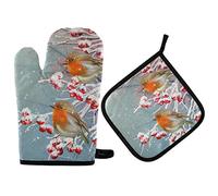Vikeiac Ensemble de gants de cuisine antidérapants et résistants à la chaleur pour Noël, l'hiver, les chutes de neige, les branches d'oiseau, les brindilles et les grillades