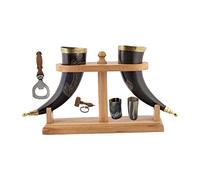 Viking Corne de bœuf | Chope | Tasse | Verre à liqueur | Décapsuleur | 100 % sans fuite | Naturel et fait à la main | Offres combinées (2 cornes avec support en bois)