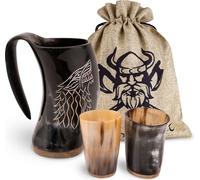 VIKING CRAFT® Corne à boire Viking Pichet 600ml - Pichet extra grand et 2 gobelets Viking pour ton hydromel Viking - Cadeau gobelet à corne, déco Viking,