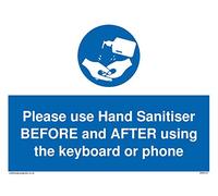Viking Signs - Panneau SIGNAGE Aluminium Bleu 12 x 18 inches - Avertissement: Veuillez utiliser un désinfectant pour les mains avant et après l'utilisation du clavier ou du téléphone.