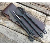 Viking Traders Ensemble de salle à manger médiéval forgé à la main, 4 ustensiles torsadés avec pochette en cuir, noir