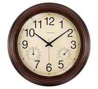 VIKMARI Horloge Extérieure Étanche 30cm Marron, Thermomètre Hygromètre | Horloge murale extérieure étanche 30cm marron vintage. Silencieuse sans tic-tac. Avec thermomètre et hygromètre.