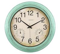 VIKMARI Horloge Extérieure Étanche 30cm Vert, Thermomètre et Hygromètre | Horloge murale extérieure étanche 30cm vert vintage. Silencieuse, sans tic-tac. Équipée d'un thermomètre et hygromètre.