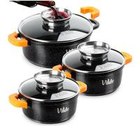 Vilde | Batterie de cuisine - 6 pièces - Revêtement antiadhésif - Induction - Casseroles avec couvercle - 1,2 / 2,1 / 4 L