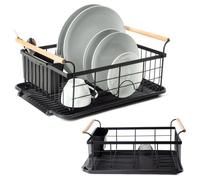 VILDE Égouttoir à Vaisselle Compact 42,5 x 29,5 x 19 cm - Métal inoxydable noir - plateau amovible - poignées en bois