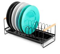 VILDE Égouttoir à vaisselle Compact Style Industriel - Pour 10 Assiettes, Métal Noir Mat, Poignées en Bois, Bac Amovible