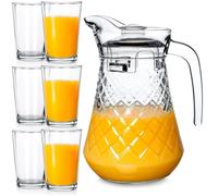 VILDE Ensemble Pichet en verre et 6 verres 1,4L - Couvercle en plastique, motif en relief, facile à nettoyer