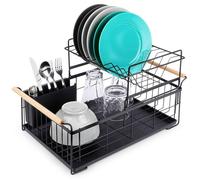 Vilde Égouttoir à vaisselle Loft 2 niveaux – inox noir, poignées bois, bac amovible