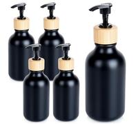 Vilde Lot de 5 distributeurs de Savon Liquide avec Pompe en Bambou | Noir, 300 ml, Pompe à savon rechargeable pour salle de bain, cuisine, douche