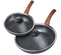 Vilde | Set de 2 poêles - Poêle à frire 20/28 cm - avec couvercles - Poêle à induction avec revêtement anti-adhésif - BLACK and WOOD