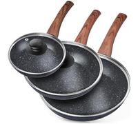 Vilde | Set de 3 poêles - Poêle à frire 16/20/24 cm - avec couvercles - Poêle à induction avec revêtement anti-adhésif - BLACK and WOOD
