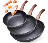 Vilde | Set de 3 poêles - Poêle à frire 20/24/28cm - Poêle à induction avec revêtement anti-adhésif - BLACK&WOOD