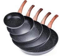 Vilde | Set de 5 poêles - Poêle à frire 16/20/24/28/32 cm - Poêle à induction avec revêtement anti-adhésif - BLACK and WOOD