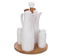 VILDE Set de Condiments en Porcelaine 5 pièces - Support en bois, bouchons en liège, compatible lave-vaisselle