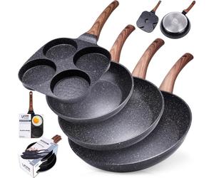 Vilde | Set de poêles en granit - 20/24/28 cm - Poêle à oeufs - Noir - Antiadhésif - Adapté à l'induction