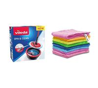 Vileda Spin & Clean Balai Laveur, Noir et Rouge, Seau Rond et Compact & Colors Lavettes Microfibres dépoussiérantes et dégraissantes - 8 pièces