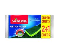 Vileda Ultra Fresh éponge Abrasive, absorbante, Anti-Rayures, avec Partie fibreuse, Traitement antibactérien, Format 2+1, Vert