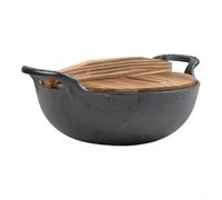 Vilgftyiet Wok en fonte robuste de 20 cm de diamètre - Poêle à frire à fond plat avec couvercle en bois pour cuisine de style asiatique sur plaques électriques à induction gaz 25 x 25 x 7 cm (B)