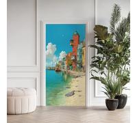 Villa Bord de Mer Poster De Porte Trompe L'oeil, Rivière Bâtiment Coloré Auto-Adhésif Sticker Mural, pour Chambre Salon Cuisine Ciel Mer Bleu Vert Marin Stickers Autocollants de Porte 85x215 cm
