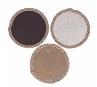 Villa d'Este Home Tivoli Lot de 3 Sets de Table en Polycoton, Cadre tressé en Jute, Ø 38 x 1,5 cm, Shades of Chocolate