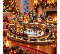 Village de Noël animé avec train & patinoire, déco maison fêtes | Ornement patinoire miniature avec lumières chaudes, figurine village animée pour cheminée, table & étagères