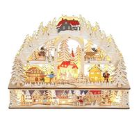 HOMCOM Village de Noël Lumineux 20 LED Animé 45 x 10 x 35 cm Bois Naturel | En Arc à 3 Niveaux, Effet Bois, Fonctionne sur Piles