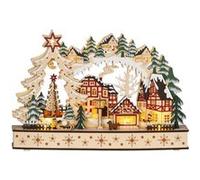 HOMCOM Village de Noël Lumineux, 20 LED, 45L x 12l x 30H cm, Bois Naturel | Village de Noël animé en bois, Paysage Enneigé, Charmants Détails