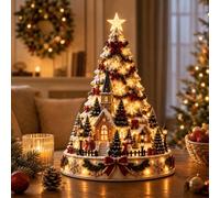 Village de Noël Lumineux, Maison et Mini Sapin, Décoration de Table，A | Décoration Noël Animée, Village Miniature avec Neige, Lueur Chaude pour Cheminée et Étagère, 2 Styles avec Nœud Rouge