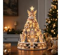 Village de Noël Lumineux, Maison et Mini Sapin, Décoration de Table，B | Décoration Noël Animée, Village Miniature avec Neige, Lueur Chaude pour Cheminée et Étagère, 2 Styles avec Nœud Rouge