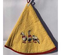 Villages de Provence - Torchon Essuie Mains Oies - Rond avec Attache - Jaune - Motifs Brodés - 100% Coton - Ø 65 cm de diamètre - Cuisine ou Salle de Bain - Lavable en Machine