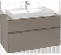 Villeroy & Boch Collaro Meuble sous-lavabo, lavabo au centre, montage mural, 2 tiroirs, avec éclairage, 1000x548x500mm, C020B0VQ, Couleur: Avant/corps : bleu marine, poignée : noir volcan.