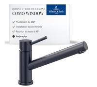 Villeroy & Boch Como Window robinetterie de cuisine haute pression, plage de pivotement de 360°, hauteur du bec 135 mm, pour installation devant une fenêtre, commande par poignée précise, Anthracite