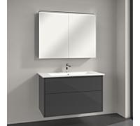 Villeroy & Boch Finero Badmöbel Set 100 cm, Glossy Grey Waschtisch mit Waschtischunterschrank und Spiegelschrank