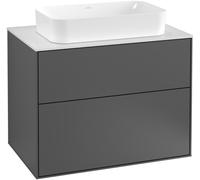 Villeroy & Boch Finion meuble sous lavabo, 2 tiroirs, avec éclairage, lavabo au centre, avec trou pour robinetterie, 800x603x501mm, Glass White Matt, G22100HJ, Couleur: Vernis mat Silk Grey