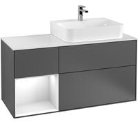 Villeroy & Boch Finion meuble sous lavabo, 3 tiroirs, lavabo à droite, étagère en bas à gauche, 1200x603x501mm, étagère Peony Matt Lacquer, Glass Black Matt, F142HBGM