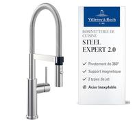 Villeroy & Boch Steel Expert 2.0 robinetterie cuisine, 170 mm - Acier Inox | Fonction de commutation, bec pivotant à 360° avec ressort en spirale, jet laminaire, haute pression, 928000LC