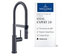 Villeroy & Boch Mitigeur de cuisine Steel Expert 2.0 – bras flexible et douchette – anthracite