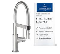 Villeroy & Boch Steel Expert Compact robinet cuisine, 143 mm - Acier Inox | Fonction de commutation, bec pivotant à 360° avec ressort en spirale, jet laminaire, haute pression, 927300LC