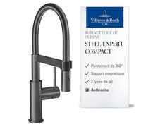 Villeroy & Boch Steel Expert Compact robinet cuisine, 143 mm - Anthracite | Fonction de commutation, bec pivotant à 360° avec ressort en spirale, jet laminaire, haute pression, 92730005