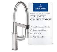 Villeroy & Boch Steel Expert Compact Window robinetterie cuisine, haute pression avec possibilité d’installation devant une fenêtre et douchette magnét., flux laminaire, hteur bec 147 mm, Acier inox.